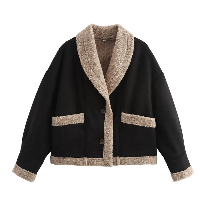 Women nan boxy short jacket in aviator look with large shawl collar and teddy lining Mune Fashion