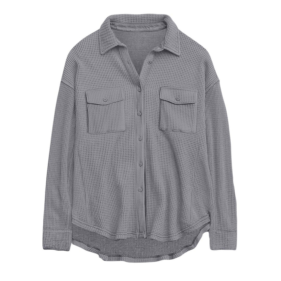 Women's oversized waffle knit shirt jacket with chest pockets and button placket Mune Fashion