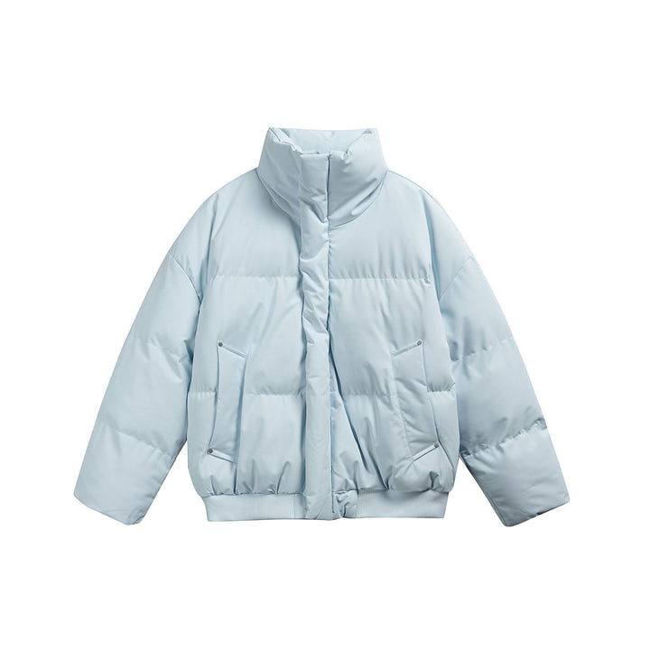 Women's short padded quilted jacket in boxy cut with high stand-up collar and ribbed hem Mune Fashion