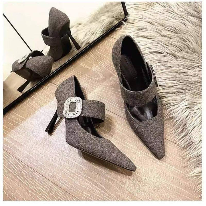 Women Elegant Pointed Mary Jane Pumps with Wool Felt Look, Slim Stiletto and Crystal Buckle Mune Fashion