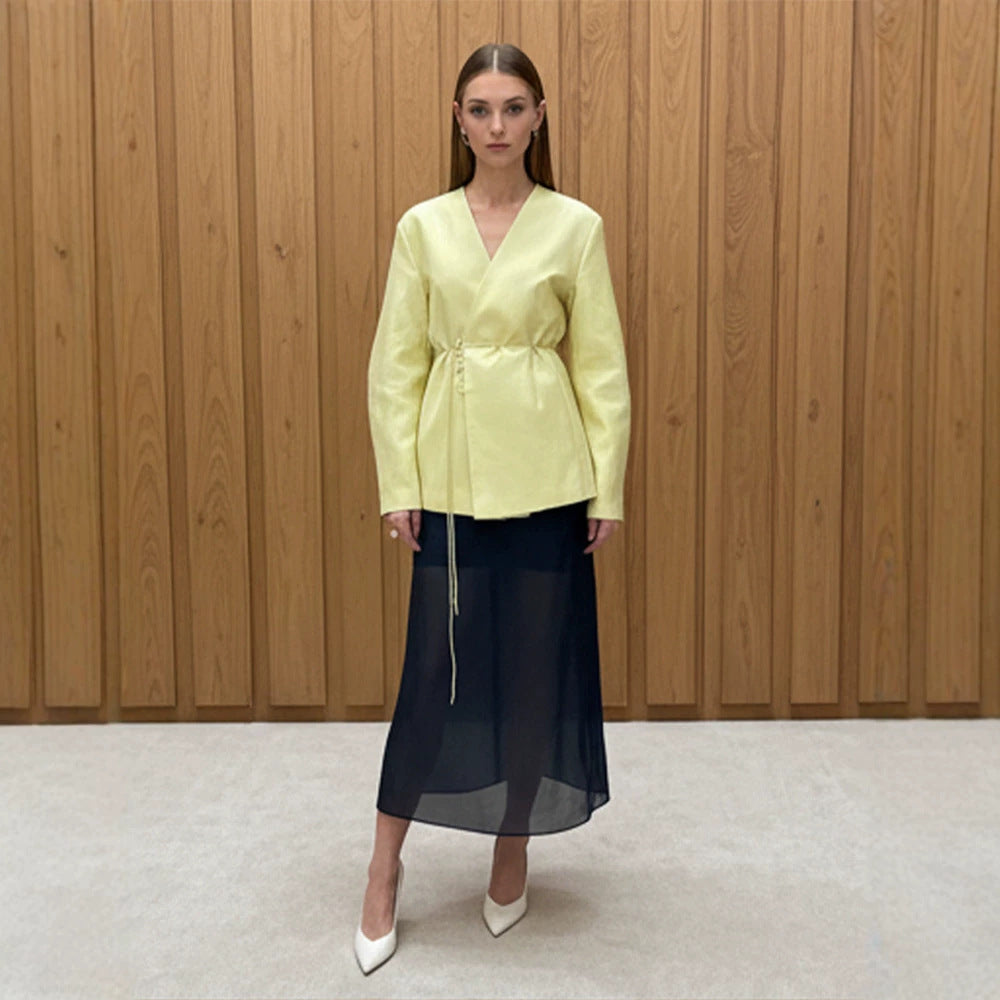 Women's wrap blazer with drawstring and wide culotte pants two-piece Mune Fashion