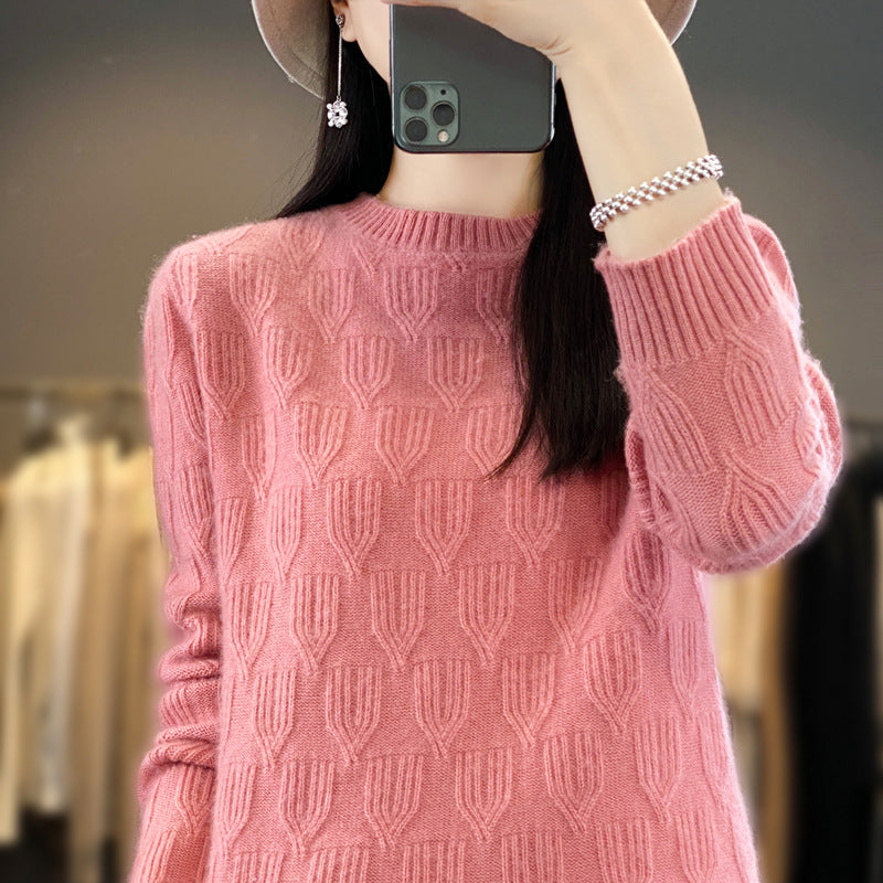 Women's Soft Mohair-Look Round Neck Sweater with Raised Tulip Texture Mune Fashion