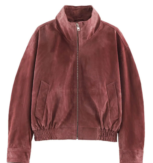 Women's short-cut suede bomber jacket with stand-up collar, gathered hem, and patch pockets Mune Fashion