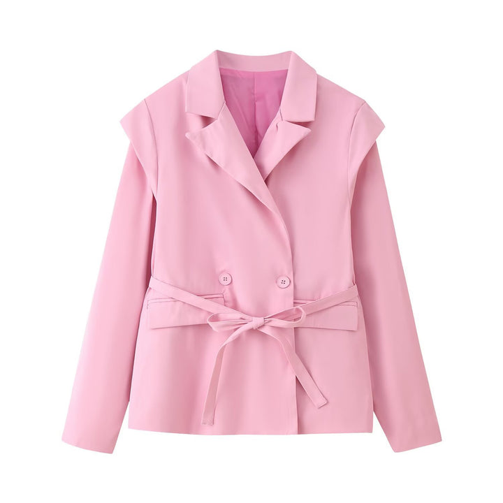 Women Tailored Belted Blazer with Double Button Placket and Notched Lapel Mune Fashion