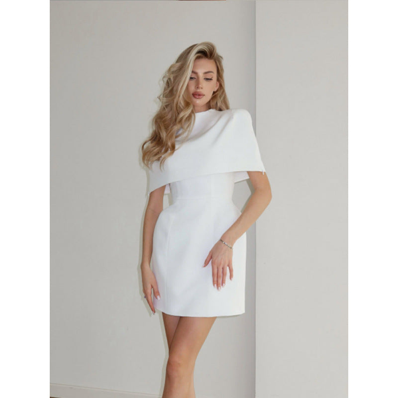 Ladies Cape Mini Dress with Stand Collar and Tailored Corset Mune Fashion