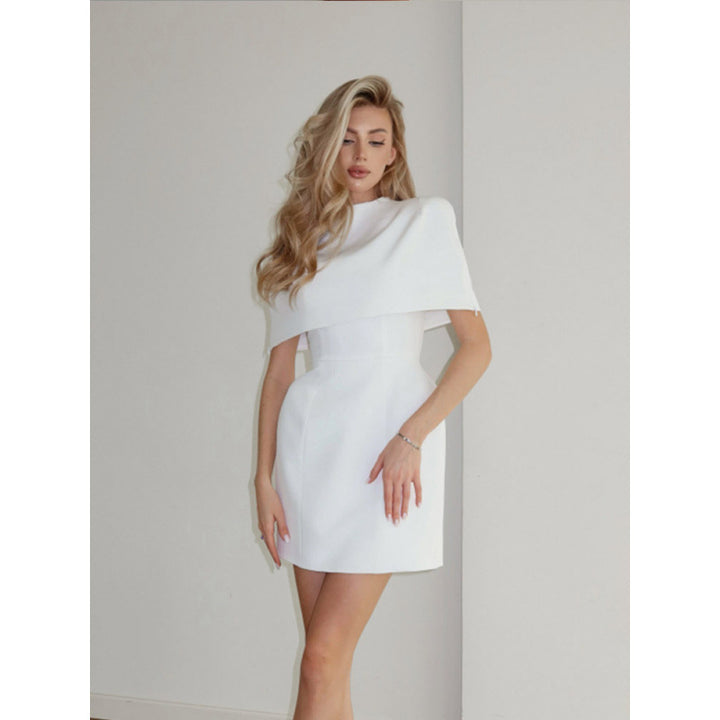 Ladies Cape Mini Dress with Stand Collar and Tailored Corset Mune Fashion