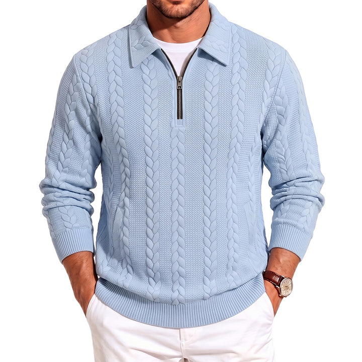 Men's Structured Cable Knit Half-Zip Sweater with Shirt Collar and Ribbed Cuffs Mune Fashion