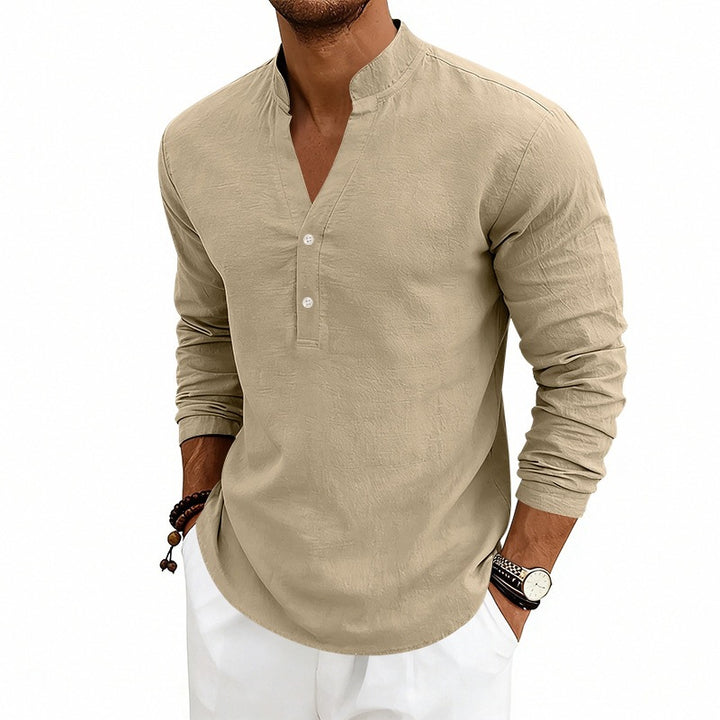 Men's Casual Long Sleeve Shirt Made of Linen with Stand-Up Collar and Short Button Placket Mune Fashion