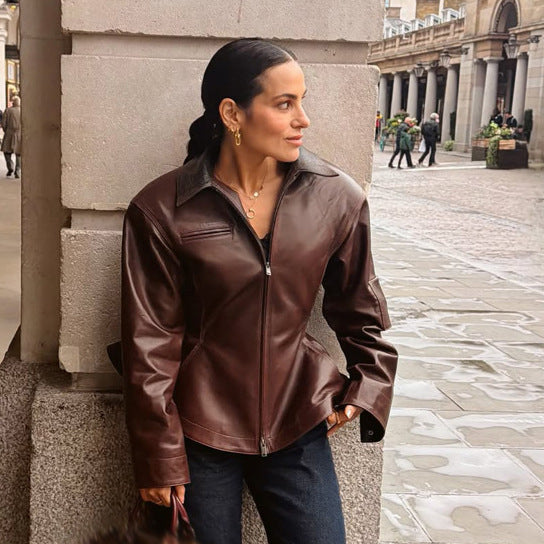 Women’s leather jacket with tailored peplum, zipper & large shirt collar Mune Fashion