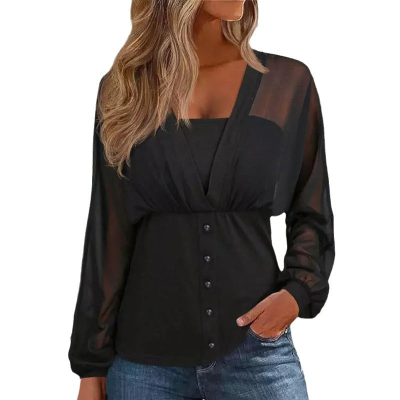 Women's transparent chiffon blouse top with button placket and tailored fit Mune Fashion