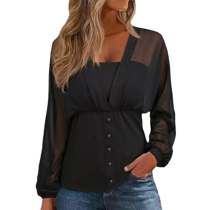 Women's transparent chiffon blouse top with button placket and tailored fit Mune Fashion