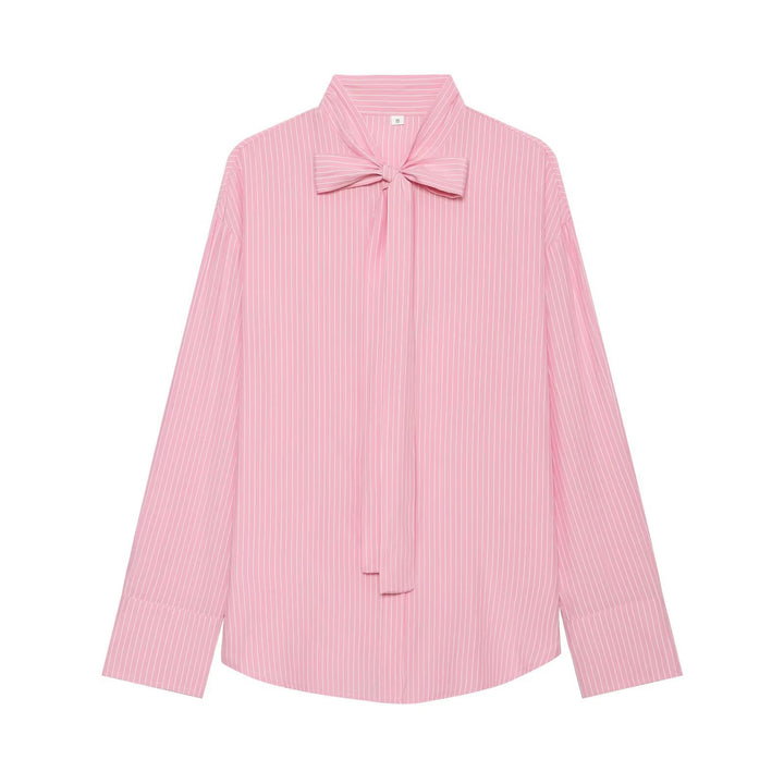 Women's Loose Blouse with Bow Collar and Pinstripes Mune Fashion