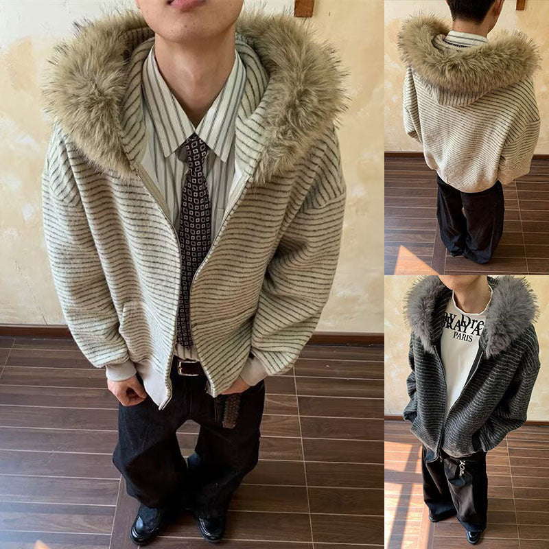 Men's Fashionable Hooded Jacket with Faux Fur Collar Mune Fashion