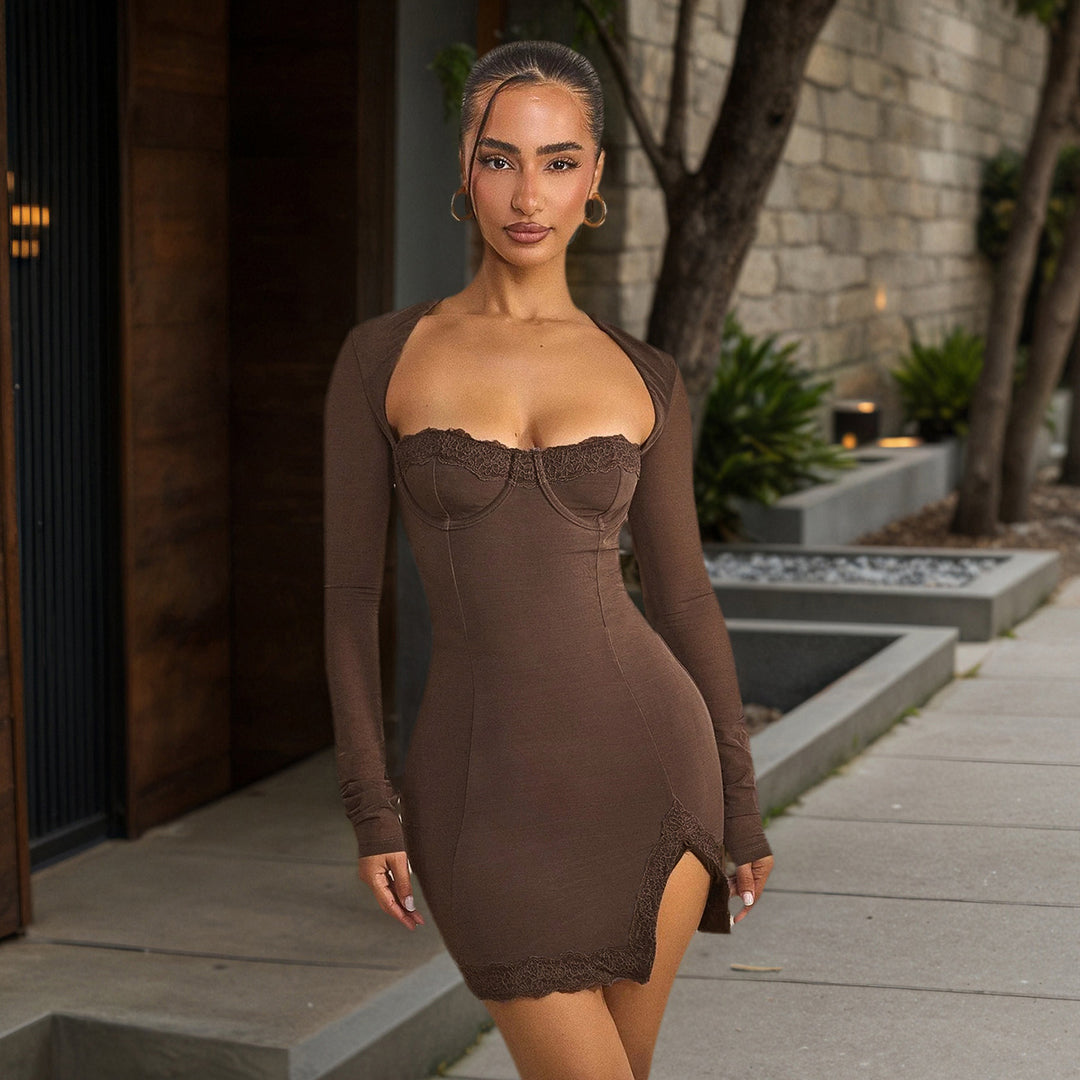 Women’s slim-fitting long sleeve mini dress with corset look, shaped cups, and lace detail Mune Fashion