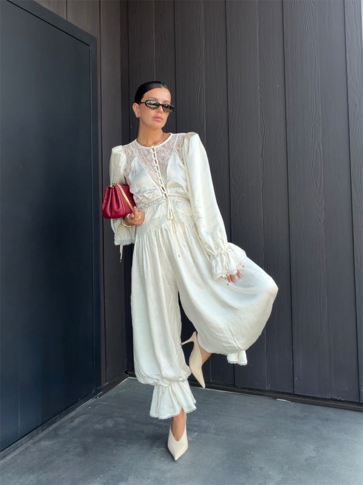 Women's One-Piece Satin Jumpsuit with Lace Yoke, Puff Sleeves and Voluminous Harem Pants Mune Fashion