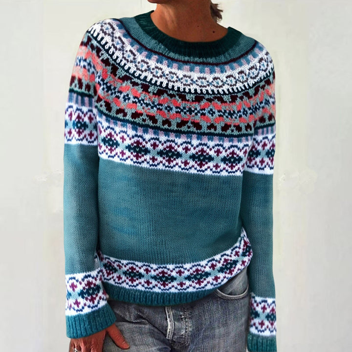 Women's gray marled round neck sweater with circular jacquard yoke and ribbed hem Mune Fashion