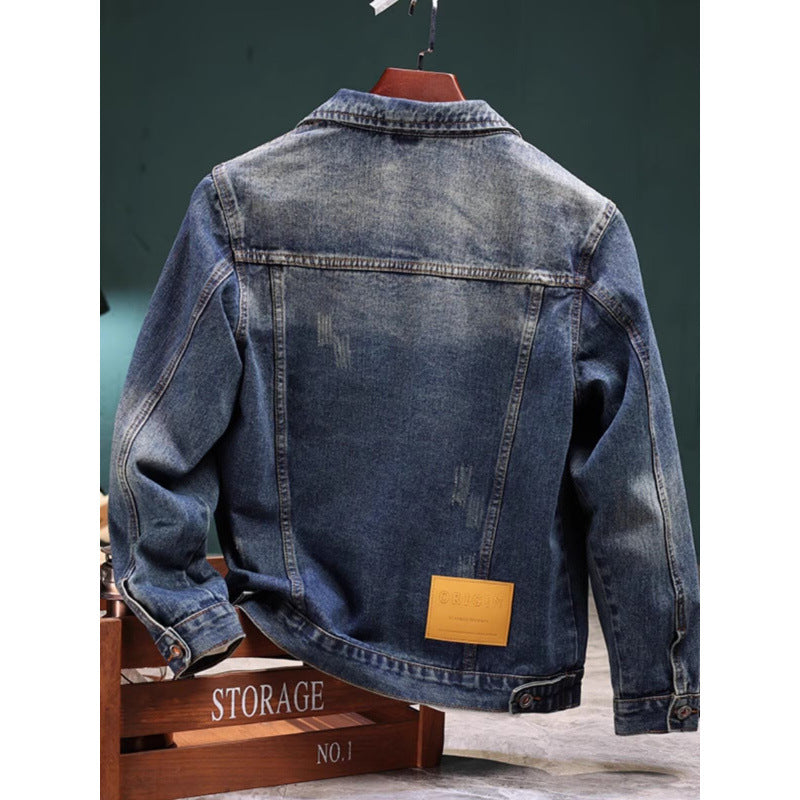 Men's Vintage Washed Denim Jacket with Brand Patches, Chest Flaps, and Straight Cut Mune Fashion
