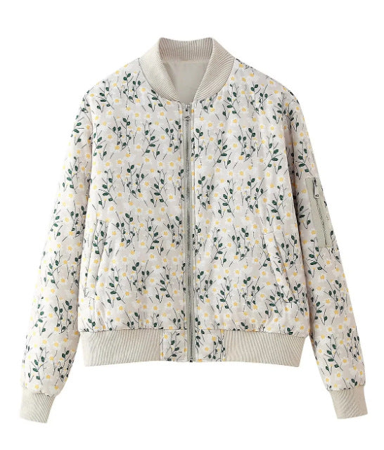 Ladies quilted floral bomber jacket with ribbed cuffs and zipper Mune Fashion