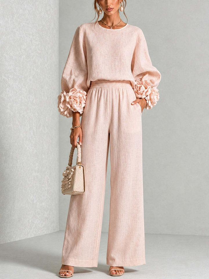 Women's Two-Piece Linen Blend Set with Wide Leg, Elastic Waistband and Floral Sleeves Mune Fashion