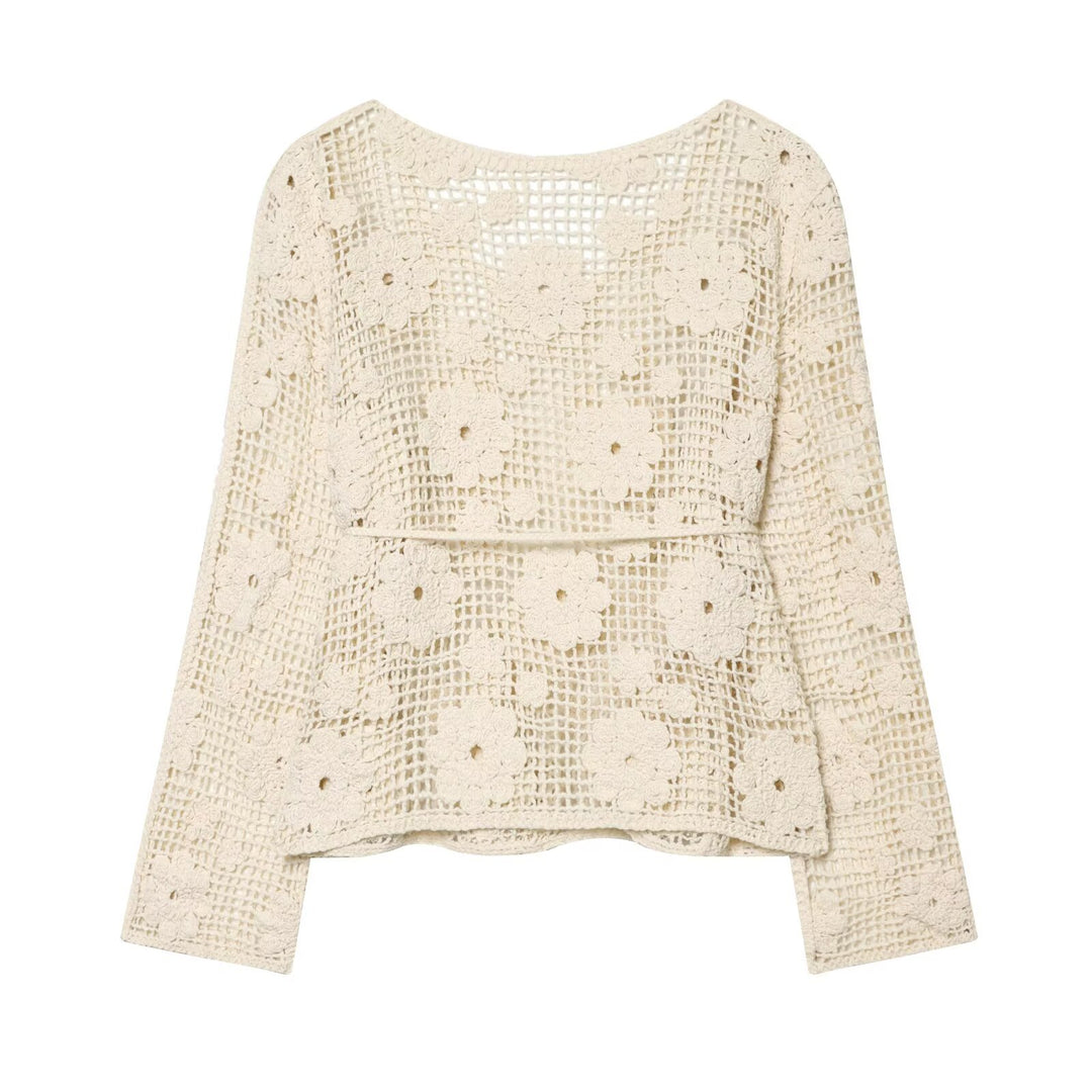 Women's crocheted oversized pullover with floral openwork and round neckline Mune Fashion