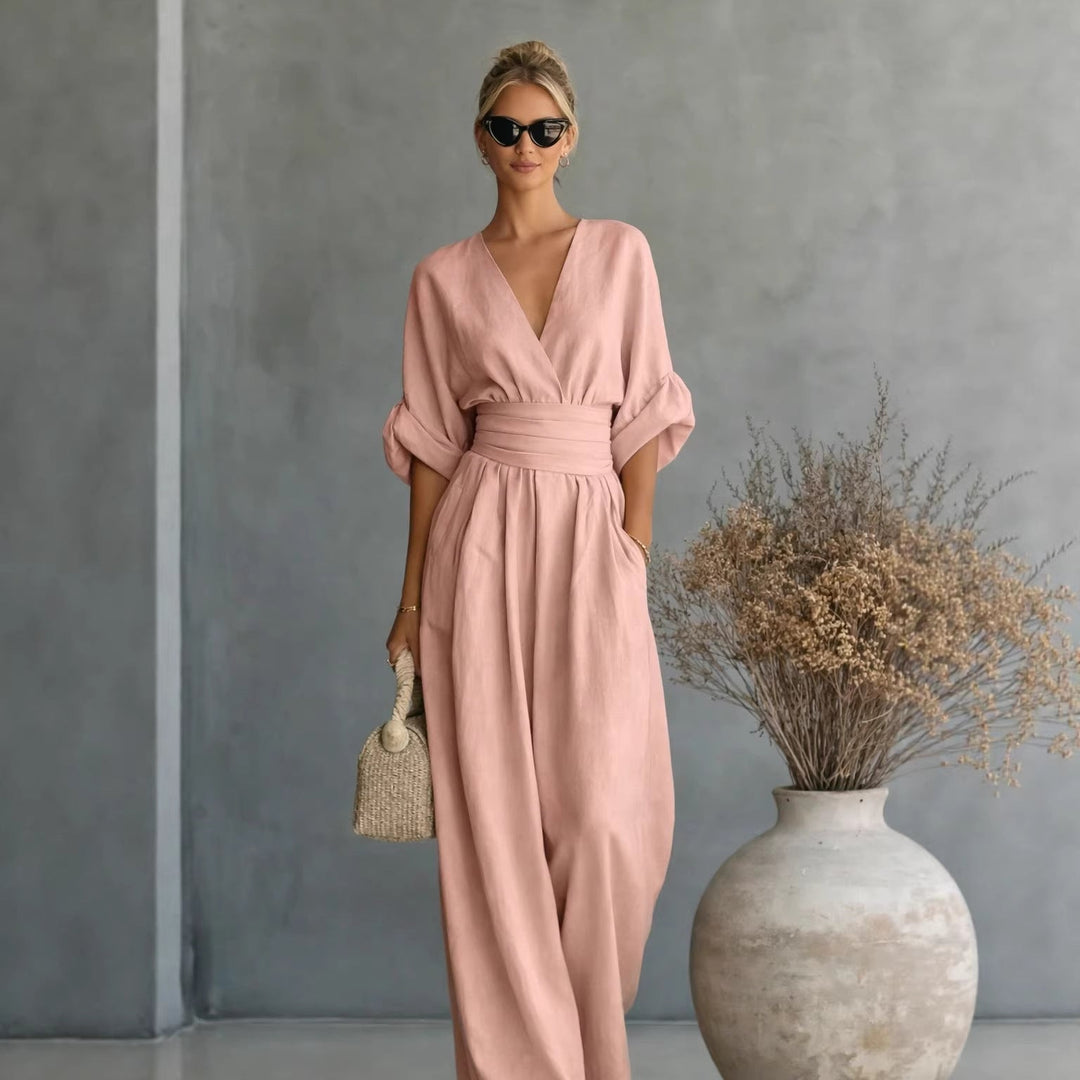 Women Wide Cut Jumpsuit with Elegant Draping and V-Neck Mune Fashion