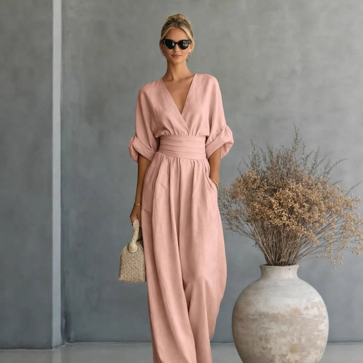Women Wide Cut Jumpsuit with Elegant Draping and V-Neck Mune Fashion