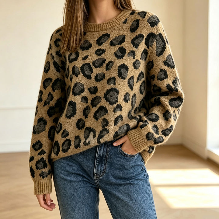 Women's Cozy Round Neck Sweater in Leo Jacquard with Relaxed Oversized Fit Mune Fashion