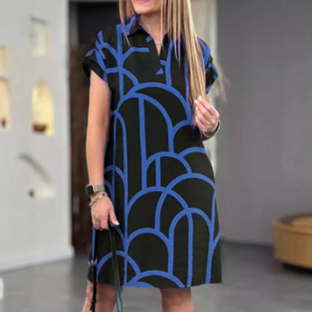 Ladies' geometric shift dress with polo collar and rolled-up short sleeves Mune Fashion