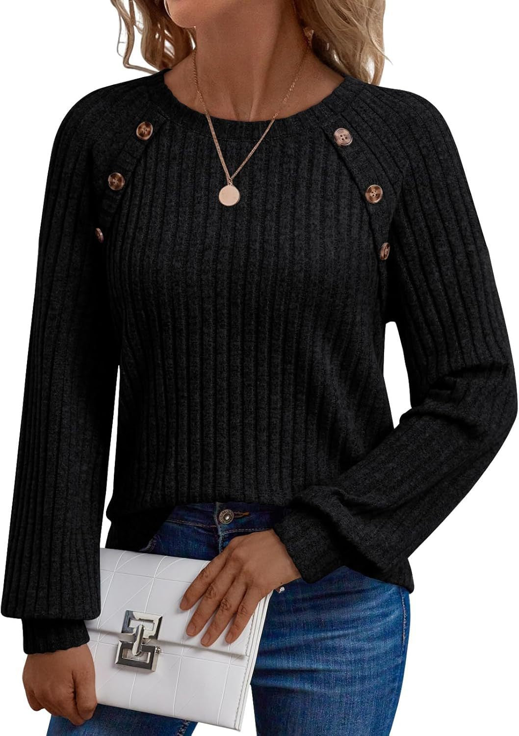 Women's Ribbed Knit Sweater with Decorative Button Placket on Raglan Sleeves Mune Fashion