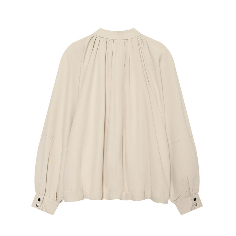 Women's Lightweight Blouson Jacket with Gathered Stand Collar, Balloon Sleeves, and Drawstring Mune Fashion