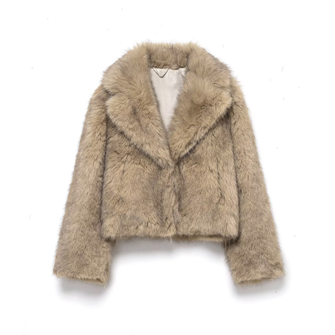 Women Short Cut Faux Fur Coat with Wide Lapel Collar Mune Fashion