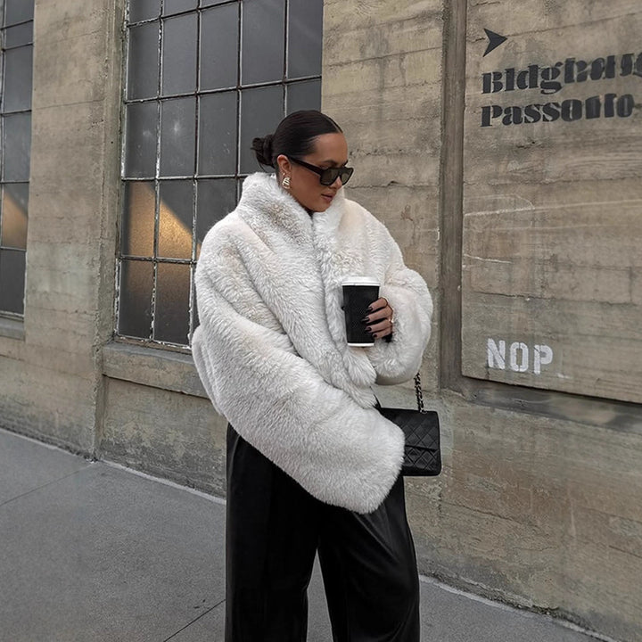Women's Short Cozy Faux-Fur Bomber Jacket with Voluminous Shawl Collar and Boxy Silhouette Mune Fashion