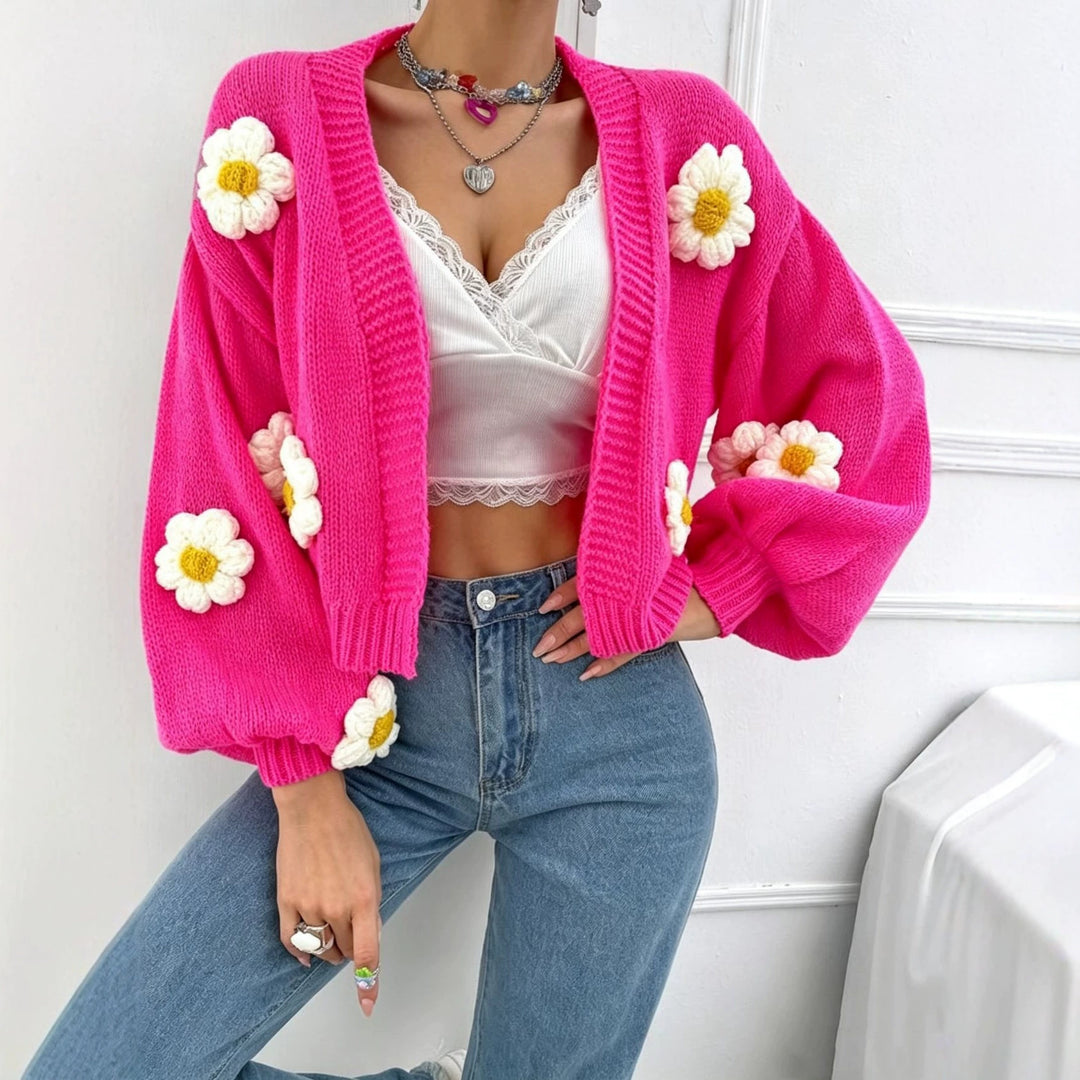 Women's Short-Cut Chunky Knit Cardigan with 3D Flower Applications Mune Fashion