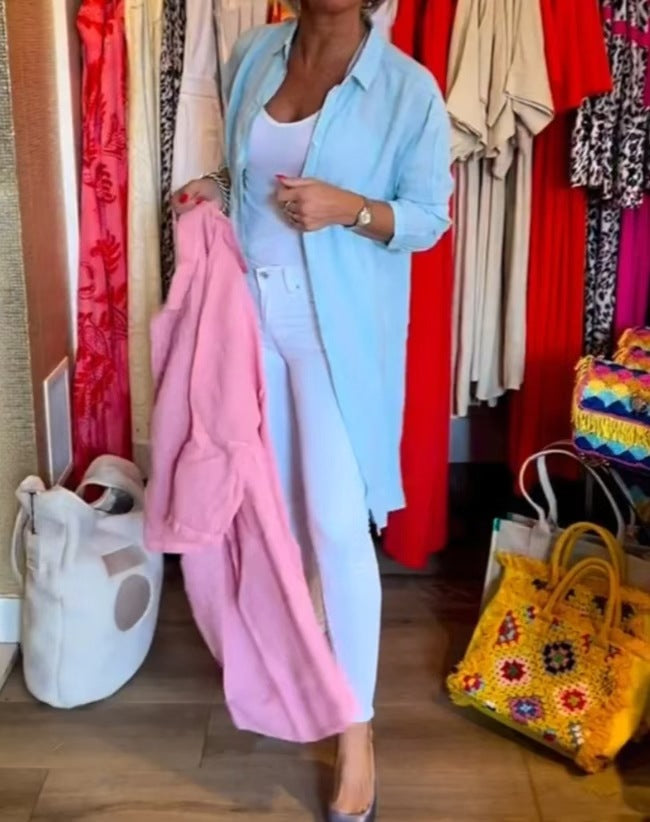 Women's open long blouse in linen mix with Kent collar, dropped shoulder and side slits Mune Fashion