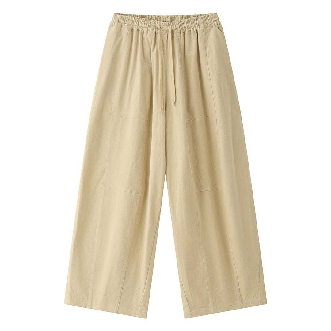 Women Loose Fit Corduroy Balloon Pants with Drawstring Waist and Large Front Pockets