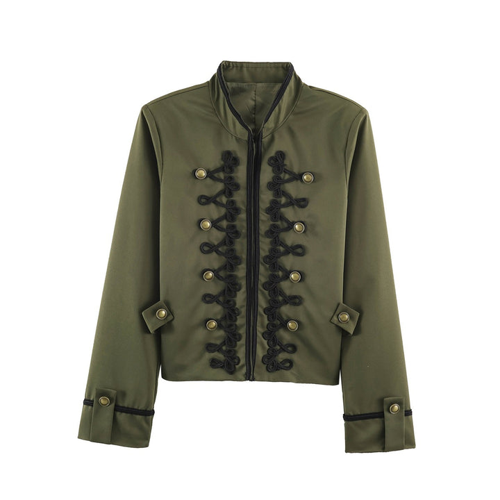 Women's Short Military Style Jacket with Ornamental Cord and Button Decoration Mune Fashion