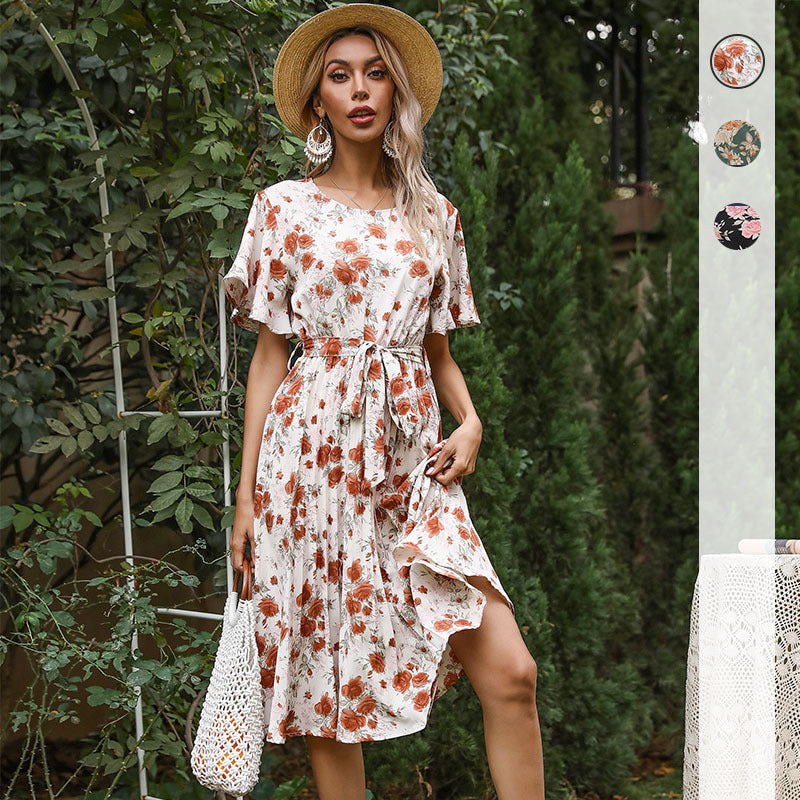 Women Floral Midi Dress with Tie Belt, Flatter Sleeves and A-Line Cut Mune Fashion