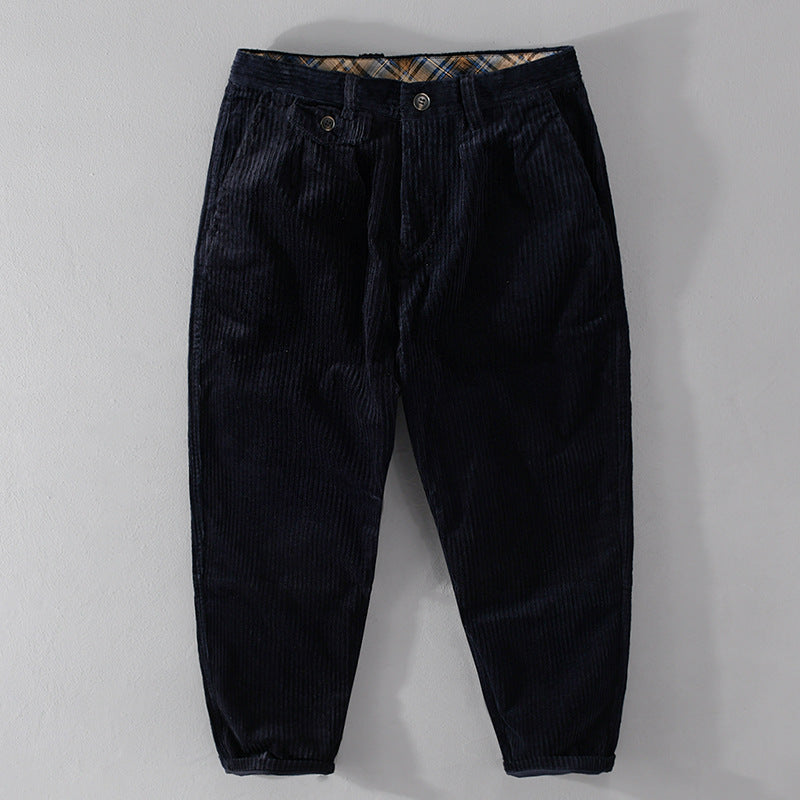 Men's corduroy pants with a tapered cut, high waistband, checked inner band, and rolled hem Mune Fashion