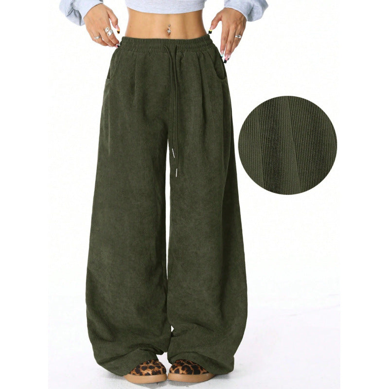 Ladies Wide Cord Pants with High Elastic Waist and Drawstring Mune Fashion