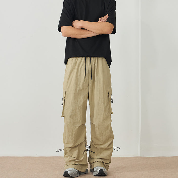 Men's Wide Nylon Cargo Pants with Adjustable Hem Drawstrings and Drawstring Waist Mune Fashion