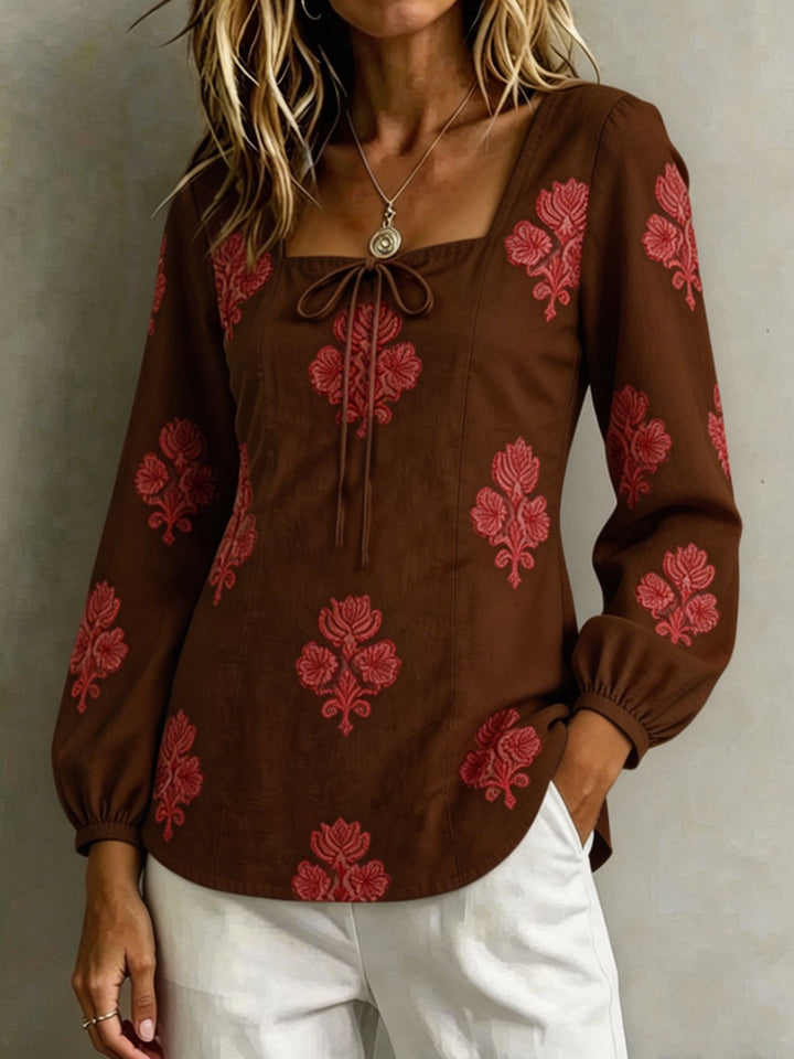Women's Embroidered Tunic Blouse with Square Neckline and Feminine Balloon Sleeves Mune Fashion