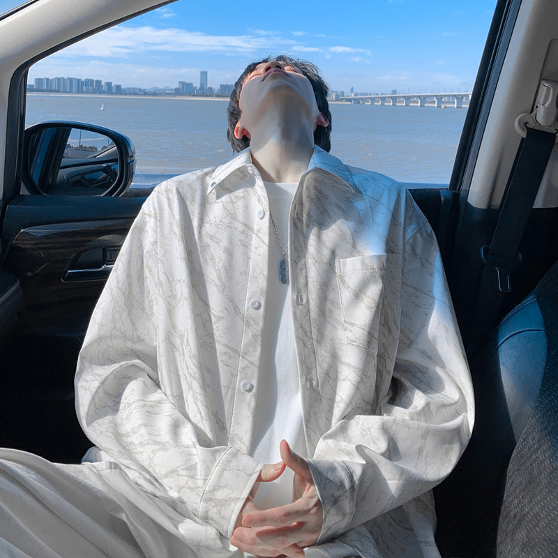 Men's Oversized Shirt with Marble Print and Chest Pocket Mune Fashion