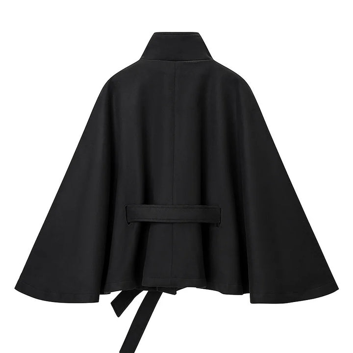 Women's tailored cape with stand collar, button closure and tie belt Mune Fashion