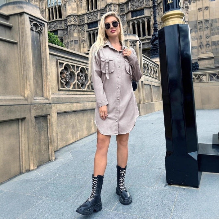 Women Oversized Shirt Dress with Flap Pockets and Curved Hem Mune Fashion