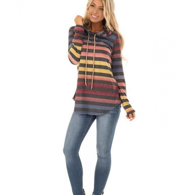 Women Striped Hooded Long Sleeve with Tunic Silhouette Mune Fashion