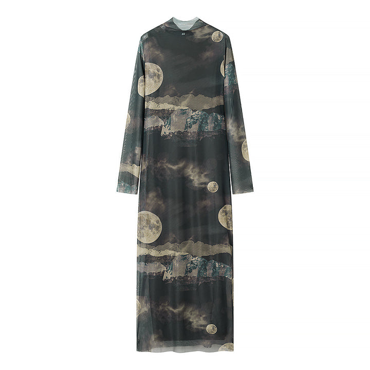 Women's long sleeve mesh maxi dress with high round neckline and mystical moon print Mune Fashion