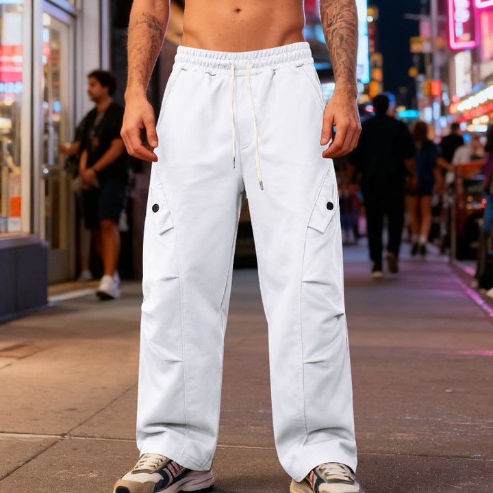 Men's wide cargo street pants with elastic drawstring waistband and functional flap pockets Mune Fashion