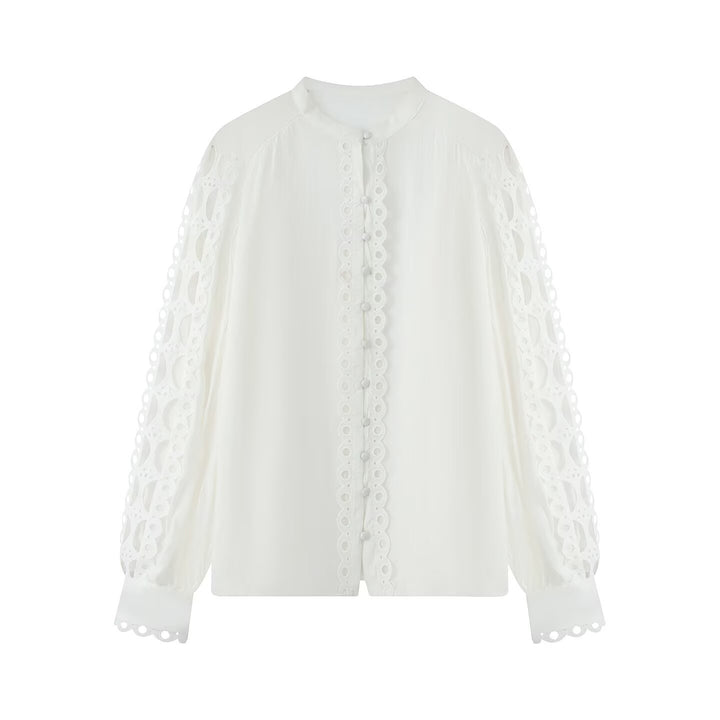 Ladies blouse with lace cutouts, fine button placket and balloon sleeves Mune Fashion