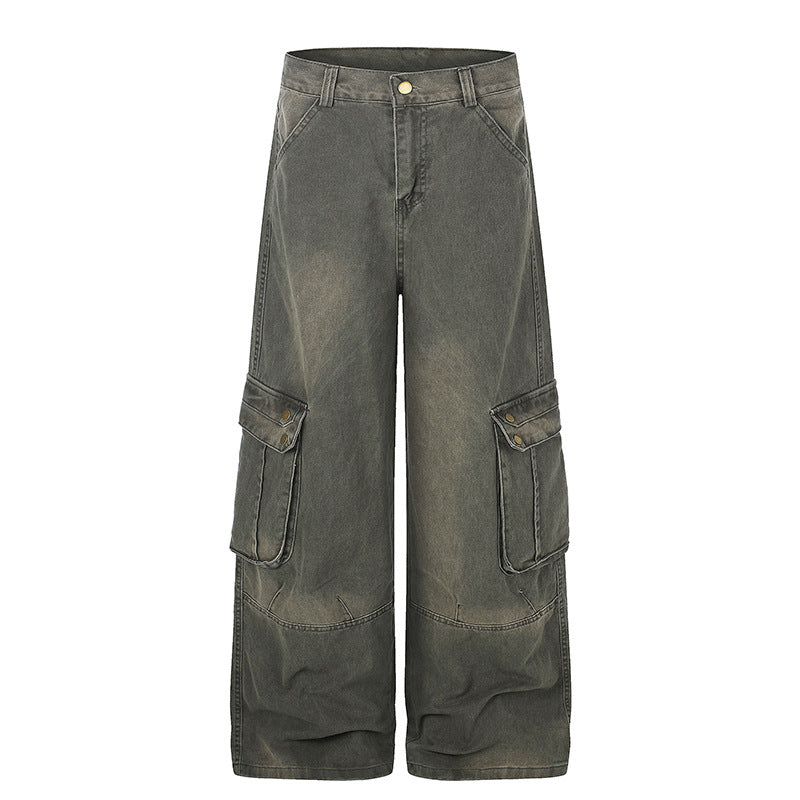 Women's High-Waisted Culotte Jeans in Workwear Style with Large Flap Pockets and Used Finish Mune Fashion
