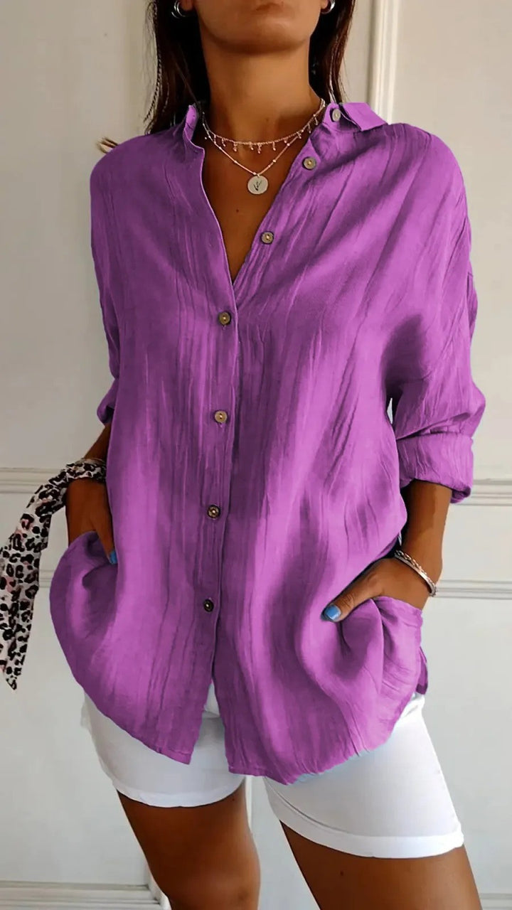 Women's Loose Crinkle Shirt with Pockets and Rolled-Up Sleeves Mune Fashion